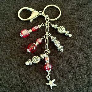 NEW Red Starfish Beaded Crystal Bag Charm Keychain Handmade One of a Kind